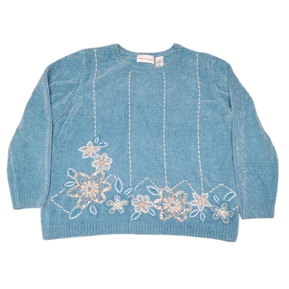 Turquoise Chenille Floral Embroidered Sequin Sweater Womens‎ Size L Boxy